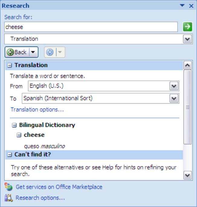 Figure 4-26: Use the Research task pane to translate a word or phrase.